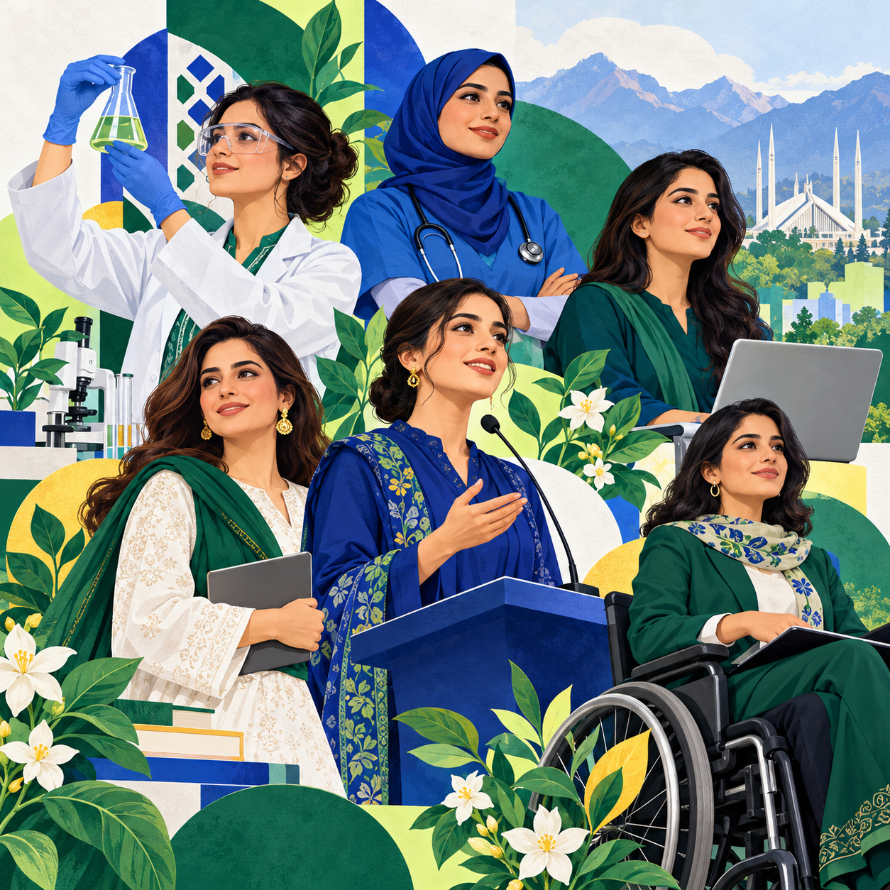 Digital illustration of Pakistani women in science, nursing, technology, business and public speaking, including a wheelchair-using professional